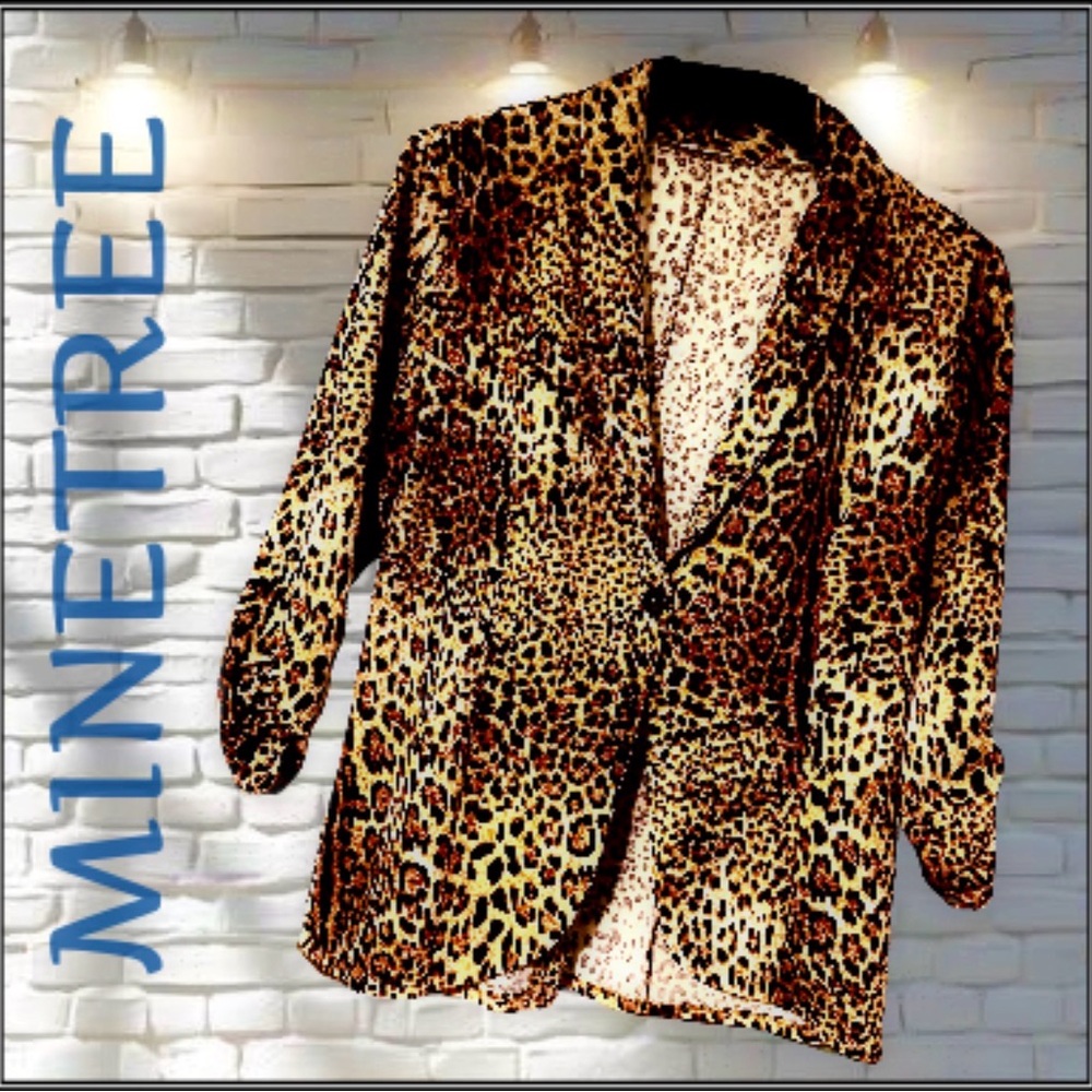 Minefree Womens Leopard Ruched Sleeve Lightweight Blazer